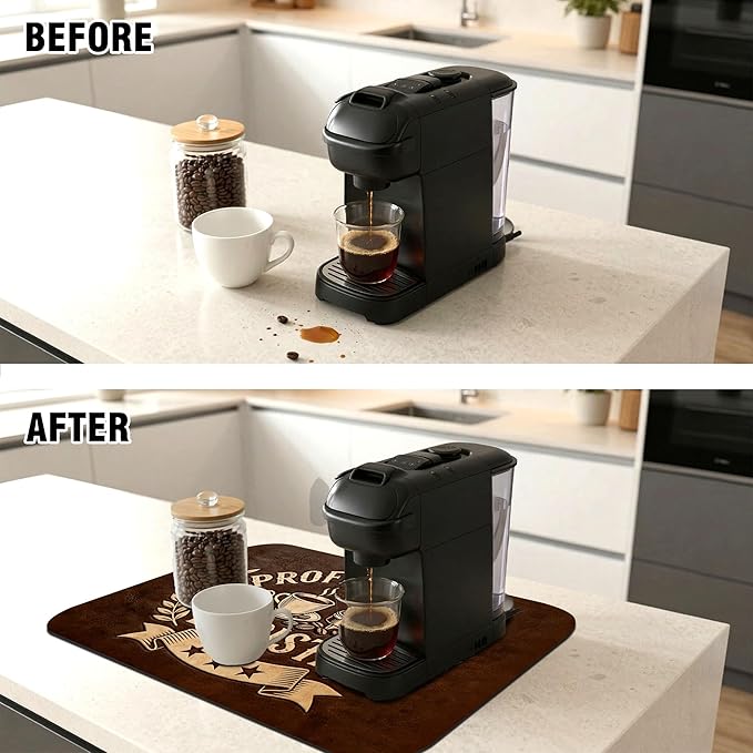 Vintage Coffee Drying Mat 12" x 19", Non-Slip Absorbent Quick-Dry Mat, Rustic Coffee Bar Decor and Countertop Protector