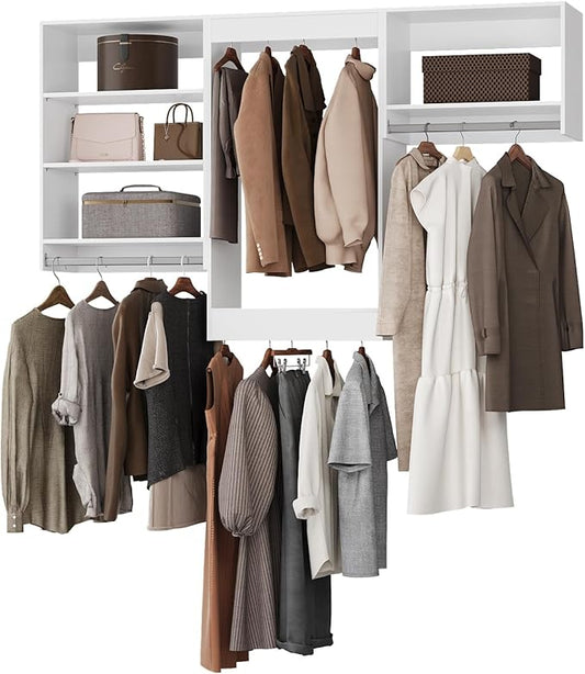 ROOMTEC Modular Closet System, 78" Closet Organizer with Hanging Rods, Wall-Mounted Wooden Tower for Walk-In Closets, Wardrobe Storage Kit, White