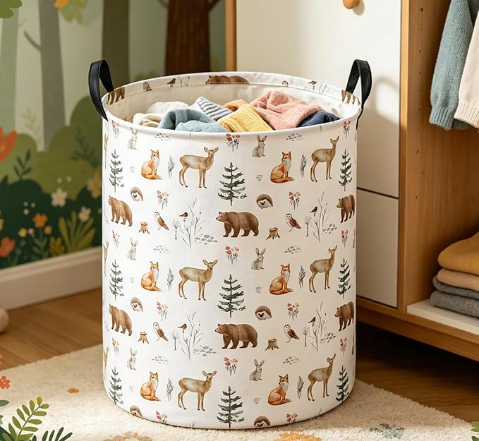 Essme Kids Laundry Basket,Animal Hamper Waterproof Storage Bin for Boys, Woodland Hamper,Gift Baskets(Woodland Animal)
