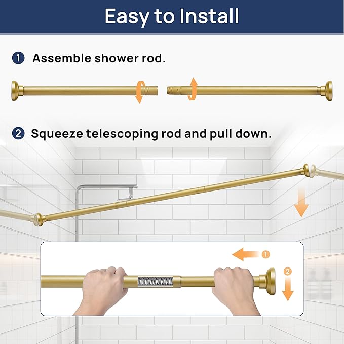 ENJOYBASICS Gold Shower Curtain Rod 30 to 76 Inches, 1 Inch Stainless Steel Adjustable Spring Tension Rods No Drill for Bathroom, Closet, Window, Room Divider, Never Rust, Non Slip