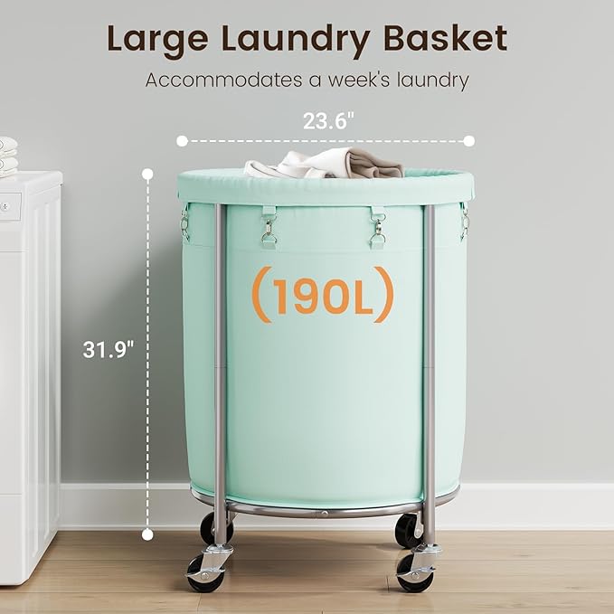 ELYKEN 190L Laundry Basket with Wheels, Large Rolling Laundry Hamper with Removable Liner Bag, Round Rolling Laundry Cart, Dirty Clothes Hamper for Hotel, Home, Closet, Dorm, Mint Green