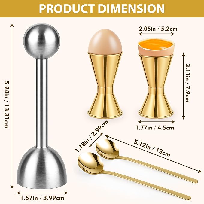 Egg Cups For Soft Boiled Eggs Set Of 5 - Includes 1 Stainless Steel Egg Cutter & 2 Egg Spoons & 2 Soft Boiled Egg Holder, Effortless & Precise Cracking - For Breakfast, Afternoon Tea, Parties