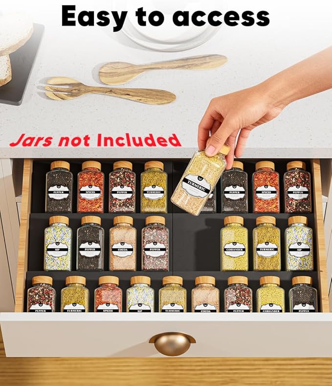 Artibear ABS Spice Drawer Organizer, Spice Rack Tray for Kitchen Cabinet, 6 Pieces Set-Expandable Seasoning Storage Rack From 8"-16" Insert for Drawer/Countertop (Jars Not Included)
