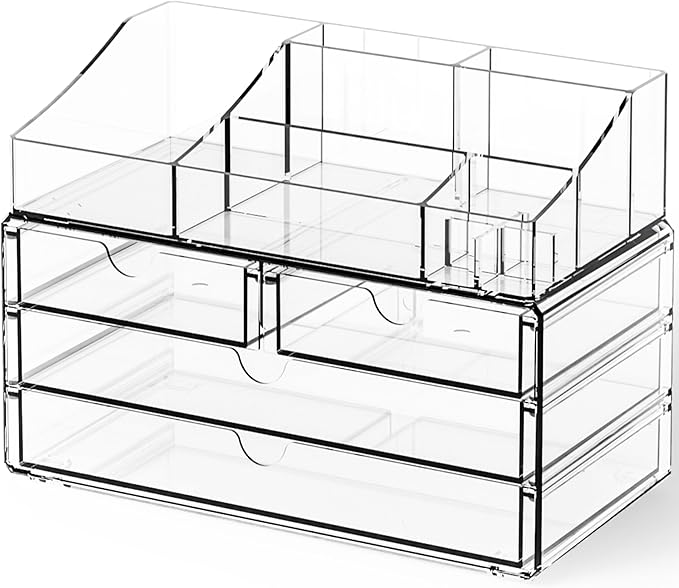 Yieach Acrylic Make up Organizers for Counter,Desk and Vanity,2 Pack Stackable Bathroom Counter Organizer with Drawers,Large Clear Makeup Organizers and Storage for Skincare,Cosmetic,Beauty Products