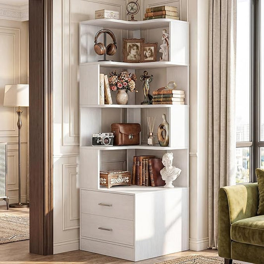 Armocity Corner Bookshelf with Drawers, 7 Tier Corner Book Shelf Display Bookcase, Freestanding L Shaped Bookshelf for Bedroom, Home Office, White