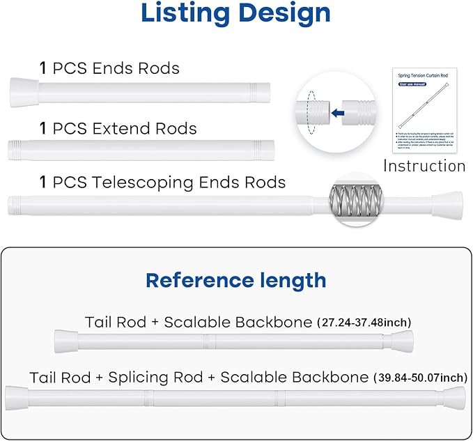 Tension Rod for Windows 28 to 48 Inch 4Pack Spring Curtain Rods No Drilling White Adjustable Curtain Rods Expandable Pressure Spring Tension Rod for Closet, Doorway