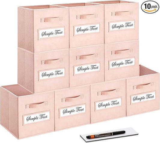 artsdi 11 Inch Storage Cube,Storage bin,cube storage (Set of 10) Foldable Fabric Cube Storage Bins with 10 Labels Window Cards & a Pen,Baskets Containers for Shelves,Closet Organizers Box,Pink