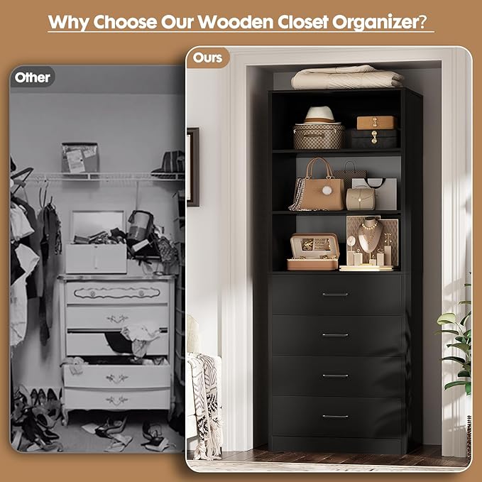 Aheaplus Closet Drawers Organizer System, 21.3" Wood Closet System with 4 Drawers, Modular Walk-in Closets Storage Unit, Tall Bookshelf Storage Cabinet, Black