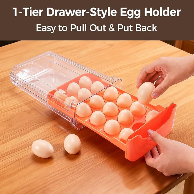 Egg-Holder for Fridge, 18-Count Egg-Storage for Refrigerator Countertop, 1 Tier Dispenser with Drawer, Stackable Clear Egg Tray Container, Egg Organizer, Fits Large Eggs, Orange