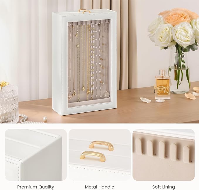 Lolalet Necklace Organizer Box, Jewelry Storage Box with Clear Window for Necklaces Bracelets, Tangle-Free Necklace Display Case for Women Girls, Mothers Day Gift