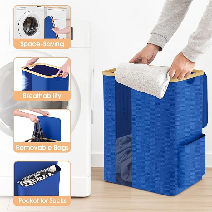 SpaceTrove Laundry Basket Clothes Hamper with Lid and Pocket Large Collapsible Laundry Baskets with Handle, Blue Freestanding Hampers for Bedroom Aesthetic, Dorm, Bathroom, Laundry Room (80L)