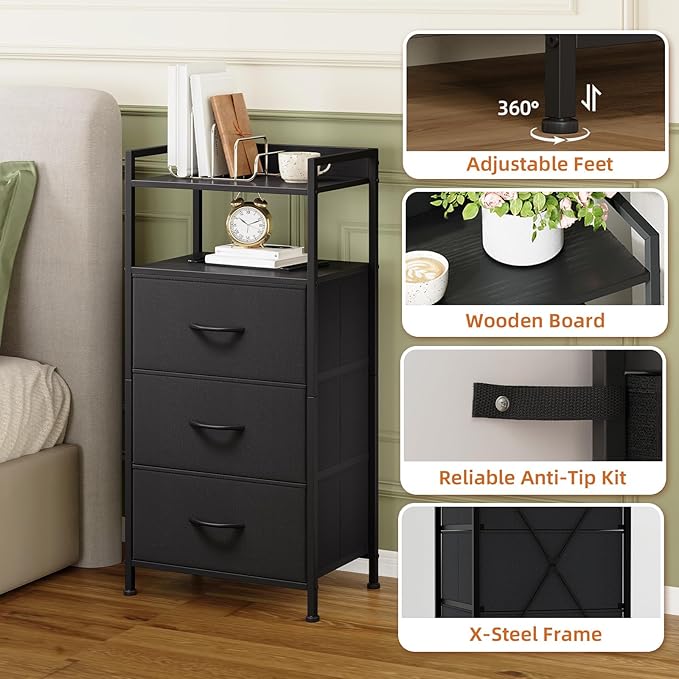 Somdot Nightstand with 3 Drawers, Dresser with Fabric Bins for Bedroom, Hallway, Entryway, Night Stand Bedside Table Furniture, Sturdy Steel Frame, Wooden Top, Easy Pull Fabric Bins, Black