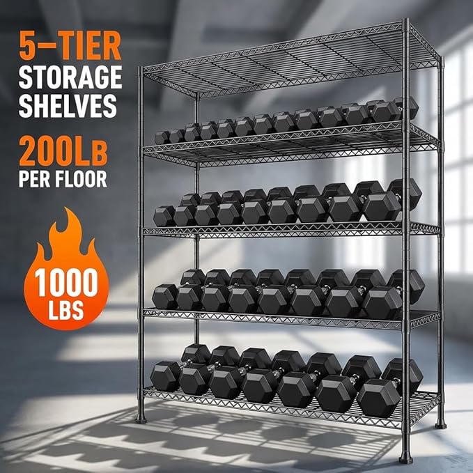 REIBII 45.8" W Storage Shelves, Heavy Duty 5-Tier Wire Shelving Unit, Adjustable Metal Shelving for Pantry Kitchen Supermarket Commercial Stockroom Restaurant, Tool-Free Assembly, Black