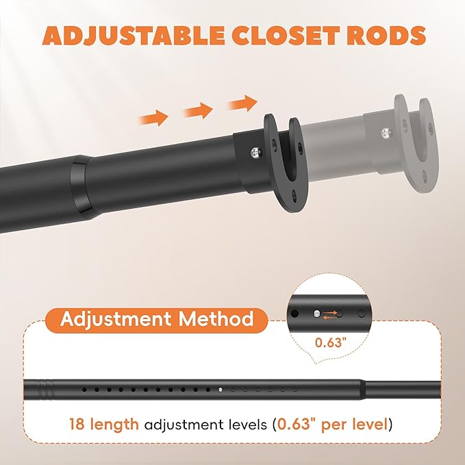 Closet Rod 50-75 Inches, Adjustable Heavy Duty Metal Black Closet Rods for Hanging Clothes 1.3 Inches Diameter for Wardrobes Laundry