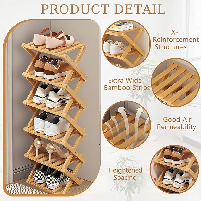6 Tier Natural Bamboo Shoe Rack,Foldable Space Saving Shoe Storage Organizer,Easy Assembly & Strong Design Shoes Stand Shelf Organiser for Closet (Primary Color, Six Layers)