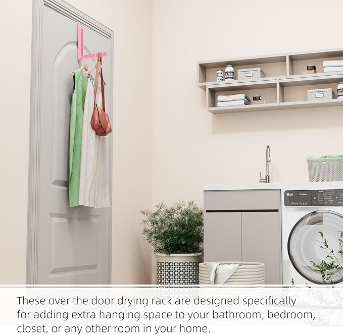 2 Pack Pink Over The Door Hooks, Over The Door Hanger, Folding Over The Door Drying Rack for Laundry,Foldable Over The Door Clothes Hanger,Small Clothes Drying Rack for Dorm Portable