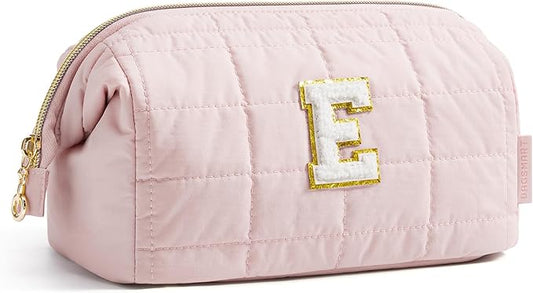 BAGSMART Birthday Gifts Personalized Initial Makeup Bag, Trendy Stuff Gifts for Women Bridesmaid Graduation, Puffy Padded Make Up Bags for Women, Wide-open Toiletry Bag, Pink E