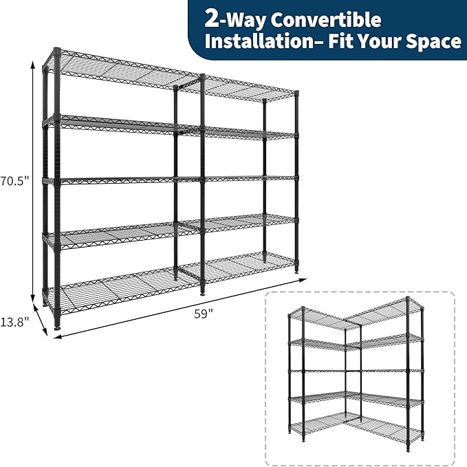 5-Tier Metal Storage Shelves, 60" Wide Wire Shelving Unit, 1325LBS Load Heavy Duty Adjustable Corner Standing Shelf Rack, H/L-Shaped, for Garage. Kitchen, Pantry, Basement,13.8" D x 70.5" H