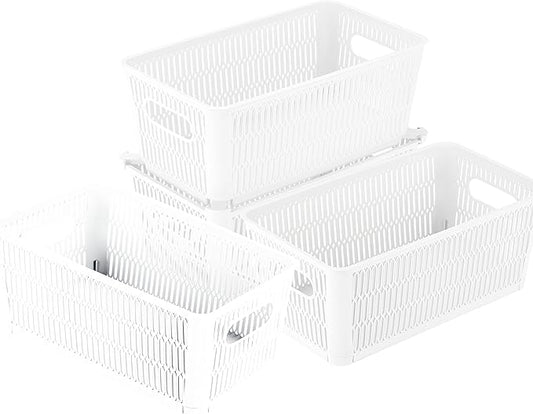 Simplify 4Pk Small Slide 2 Stack It Tote Basket | Storage & Organization | Open Bins with Stackable Capability | Bathroom | Crafts | Pantry | Playroom | Office | White