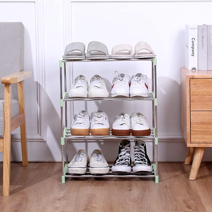 Jucaifu Stackable Small Shoe Rack, Entryway, Hallway and Closet Space Saving Storage and Organization (4-Tier, Green)
