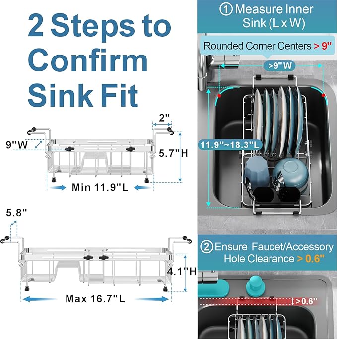 GSlife Small Sink Dish Drying Rack - 9" W Expandable Stainless Steel Compact Dish Drainer for RV, Apartment, Camper, Kitchen, Dish Strainer with Lock Knob, 11.9"-16.7" L, Silver