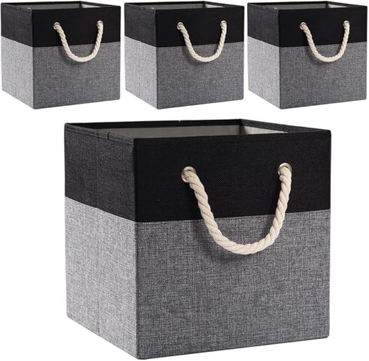 PRANDOM Large Foldable Cube Storage Bins 11x11 inch [4-Pack] Fabric Linen Storage Baskets Cubes Drawer with Cotton Handles Organizer for Shelves Nursery Closet Bedroom Black
