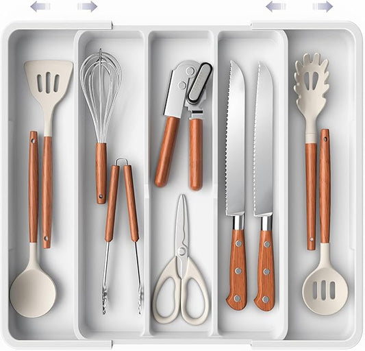 Aujen Silverware Organizer - Expandable Kitchen Drawer Organizer, Adjustable Utensil Organizer, Cutlery Tray for Forks, Knives, Multipurpose Kitchen Organizers and Storage Solution, White, X-Large