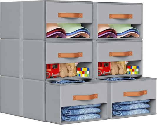 DIMJ Closet Organizers and Storage - Fabric Bins with Drawers for Closet Foldable Clothes Organizers with Clear Window, Stackable Storage Drawers Units for Bedroom, Living Room, Medium 6-Pack, Grey