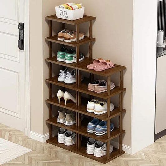 AFOORD Vertical Shoe Rack-Tall Narrow Shoe Rack Organizer for Small Spaces,12Tier Bamboo Shoen Shelf for Entryway,Closet,Corner,Doorway,Skinny Shoe Shelf Space Saving Shoe storage,Free Stackable DIY