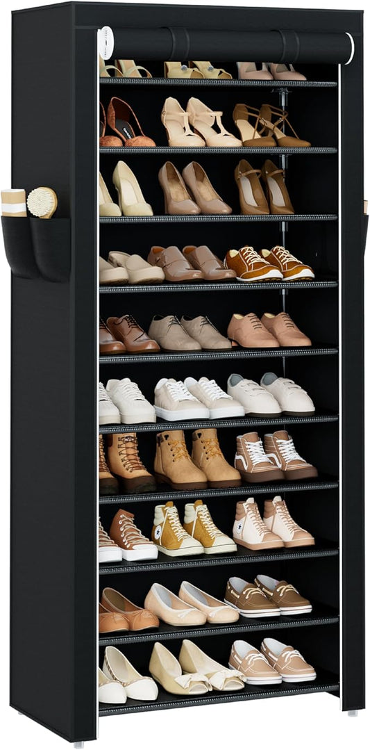 CASAMAYA Shoe Rack with Covers, 10 Tiers Tall Shoe Rack Organizer, Large Capacity Shoe Shelf Storage, Hold 30 Pairs of Shoes, Vertical Shoe Storage Organizer for Closet, Entryway, Black, SRT103B01
