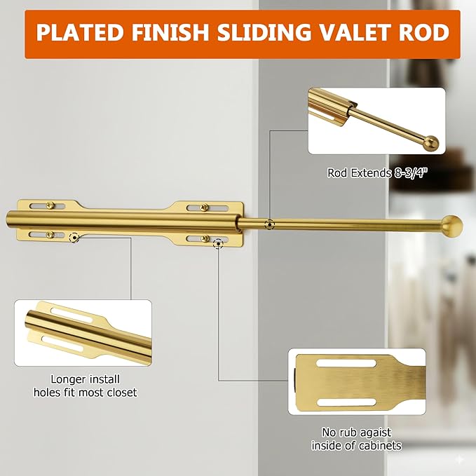Pull-out Valet Rod for Closet 2 Pack, Brushed Gold