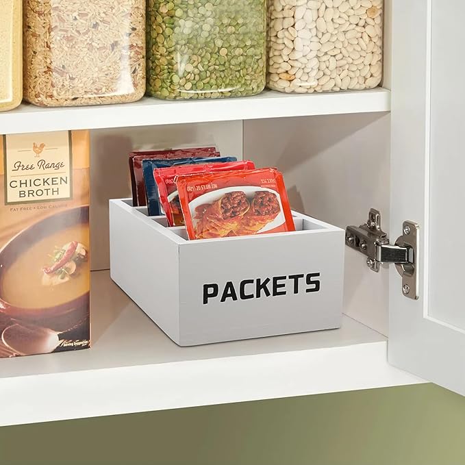 BSTKEY Seasoning Packet Organizer, Food Packet Storage Organizer with 4 Compartments, White Wooden Storage Caddy for Kitchen Pantry Cabinet, Farmhouse Kitchen Organization Bins for Snack Spice Packets