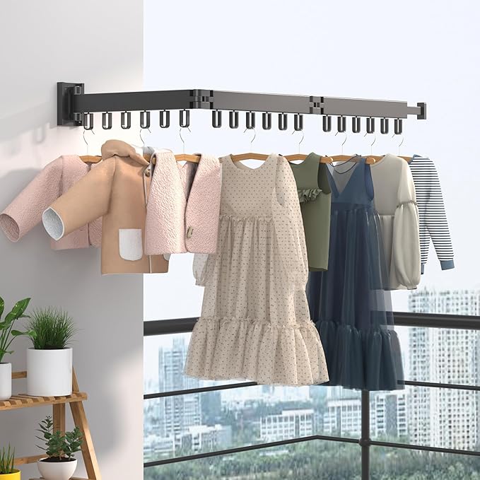 Wall Mounted Clothes Hanger Rack Folding Wall Mounted Clothes Hanger for Laundry (3U Black)
