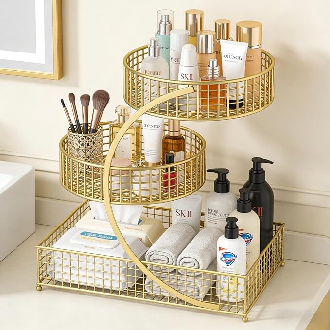 3-Tier Metal Multi-Functional Organizer Basket | Makeup, Skincare, Fruit & Spice Storage Rack | Countertop Vanity, Bathroom & Kitchen Organizer Holder | Stylish Black Wire Shelf (Golden)