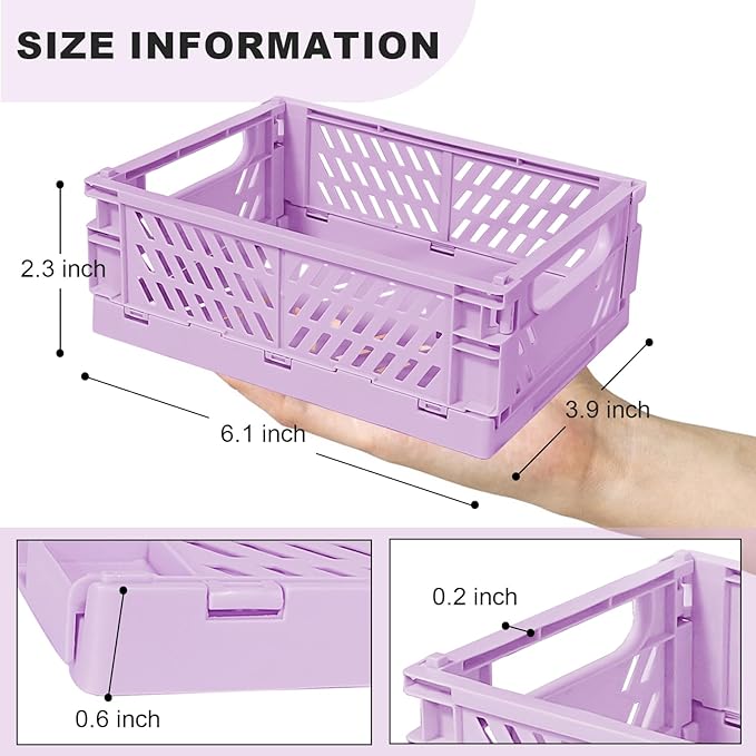 Tobeso-Nuoze Pastel Plastic Storage Baskets 2 Pack, Collapsible Crates for Organizing, Space-Saving Bins for Kitchen, Office, Bedroom (Purple, Small: 5.8"x 3.8" x 2.2")