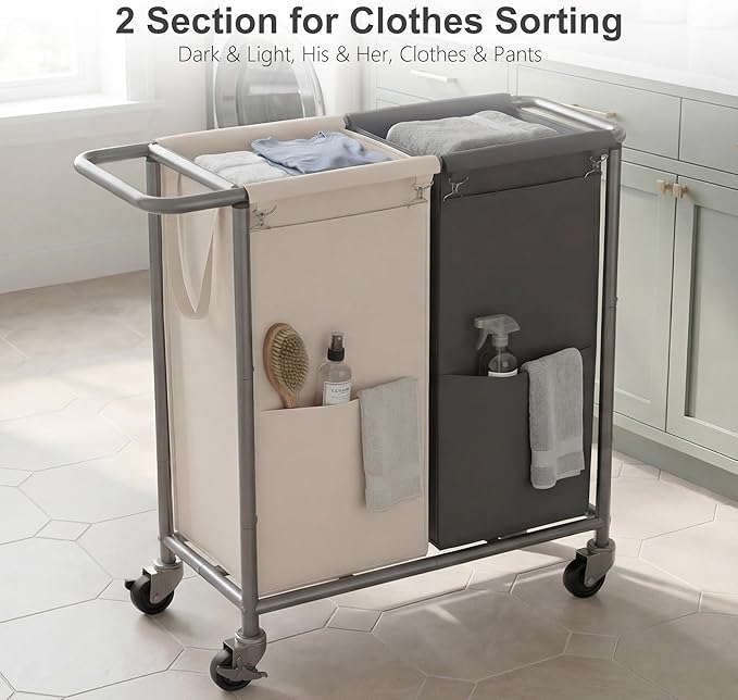 Heybly 2-Section Laundry Sorter Hamper,Rolling Laundry Hamper with Removable Bags – Heavy-Duty Laundry Sorter Cart with Wheels for Dirty Clothes, 29.1 x 15.4 x 33.1 Inches,HLH023P02