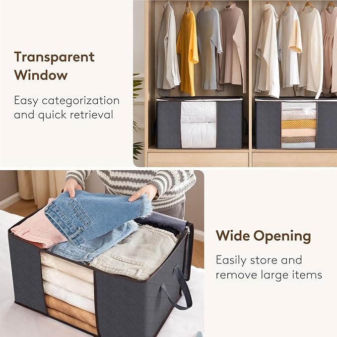 Lifewit 8 Pack 60L Clothes Storage Bins with Lids, Foldable Blanket Storage Bags with Zippers, Clear Window and Reinforced Handles, Closet and Organization for Clothing, Sweater, Comforter, Bedding