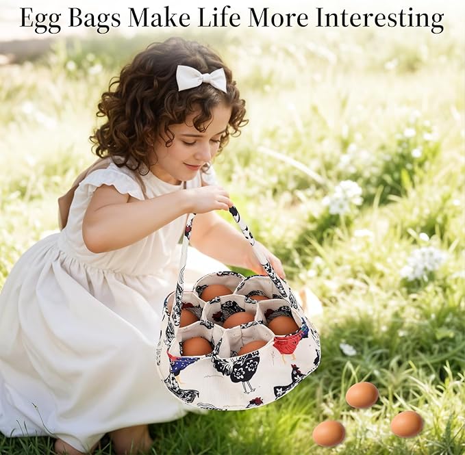 JJUNW 1 Pc Egg Collection Basket, Farmhouse Chicken Egg Holder with 7 Bags, Handheld Egg Purse Egg Basket for Collecting Fresh Eggs, Housewife Garden Transport Storage(Beige Chicken)