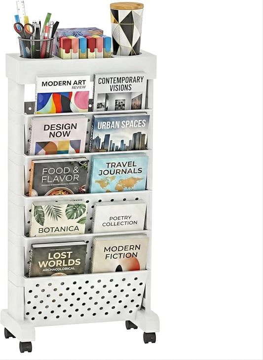 6-Tier Mobile Bookshelf, Rolling Bookcase Book Storage Rack, Movable File Folder Organizer Cart with Wheels for Home Study Office Living Room Classroom, White