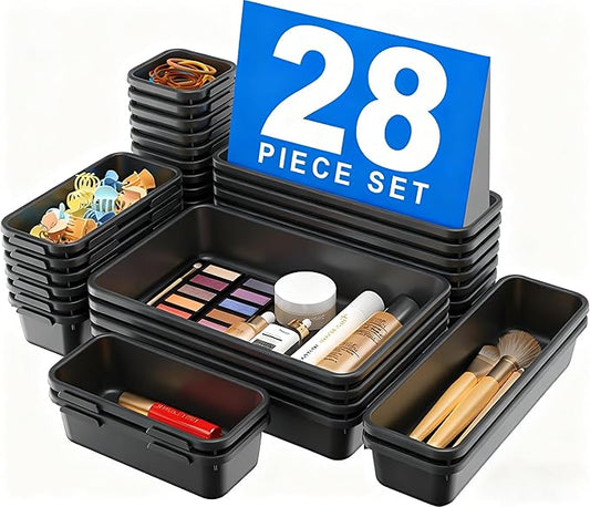 A-LuGei 【𝟮𝟴𝗣𝗖𝗦】 【𝟱𝗦𝗶𝘇𝗲】 Black Drawer Organizer, Makeup organizer, 【Holds 177 Items】 Bathroom Organizers and Storage, Plastic Desk Organizer Divider, Organizer Bins for Office Vanity