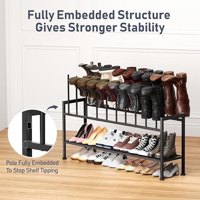 DIMJ Boot Rack 3-Tier - Black Metal Boot Storage Rack for Tall Boots Organizer Tall Boots, Multiuse Shoe Rack for Boots, Sneakers, High-Heel, Entryway, Fit for 10 Pairs, Black