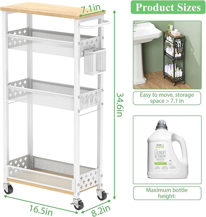 Utility Slim Rolling Storage Cart with Wheels, 4 Tier Narrow Metal Kitchen Cart Bathroom Laundry Room Organization Trolley with Wood Rack and Removable Mesh Basket for Small Space, 7.1IN White