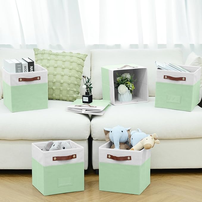 FinishingBo 6-Pack Storage Cubes with Handles & Label Holders Basket, Closet Cube Home Organizer Bins(White/Green, 10.5*10.5*11 inch)