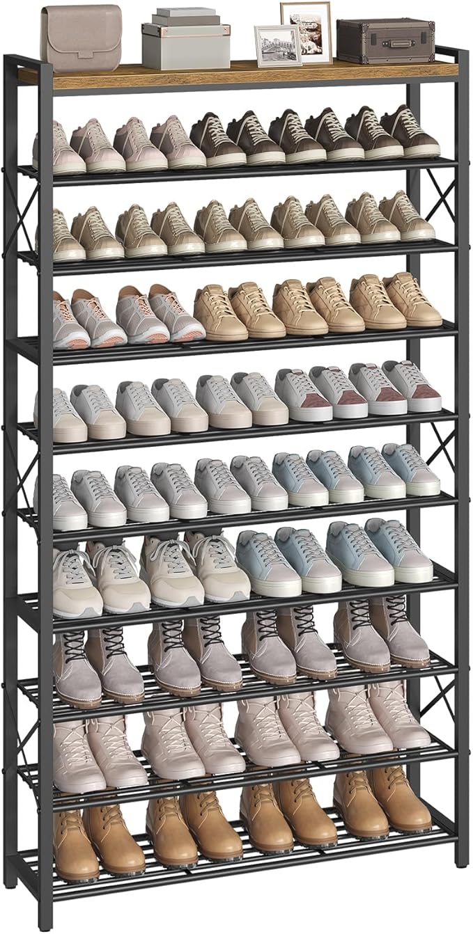 YATINEY 10-Tier Shoe Rack, 39.4" L Shoe Shelf for 45-50 Pairs of Shoes, Tall Shoe Storage Organizer with Metal Frame, Large Capacity Shoes Rack for Entryway, Closet, Rustic Brown and Black SS39BR