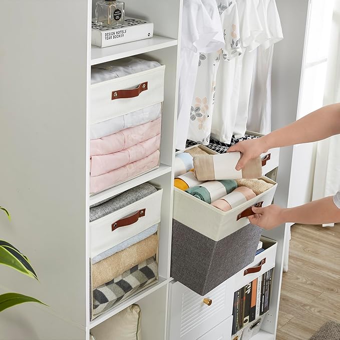 Bagnizer Storage Cubes, 4 Pack Linen Foldable Storage Bins with Clear Window and 2 Handles, 13x15x13 Storage Cube Bins for Shelf Closet, Kallax, Clothes, Books - (Gray and White)