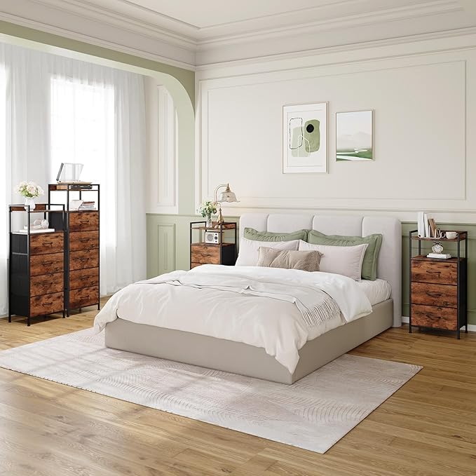 Somdot Nightstand with 4 Drawers, Vertical Storage Tower Fabric Dresser for Bedroom, Night Stand Bedside Table Furniture, Sturdy Steel Frame, Wooden Top & Easy Pull Fabric Bins, Wood Grain Print