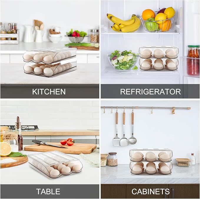 MesRosa Egg Holder for Fridge, Automatically Rolling Egg Storage Container for Refrigerator,Large Capacity Egg Organizer for Fridge with Lid,Clear Plastic Dispenser, Tray & Bin -2 Layer