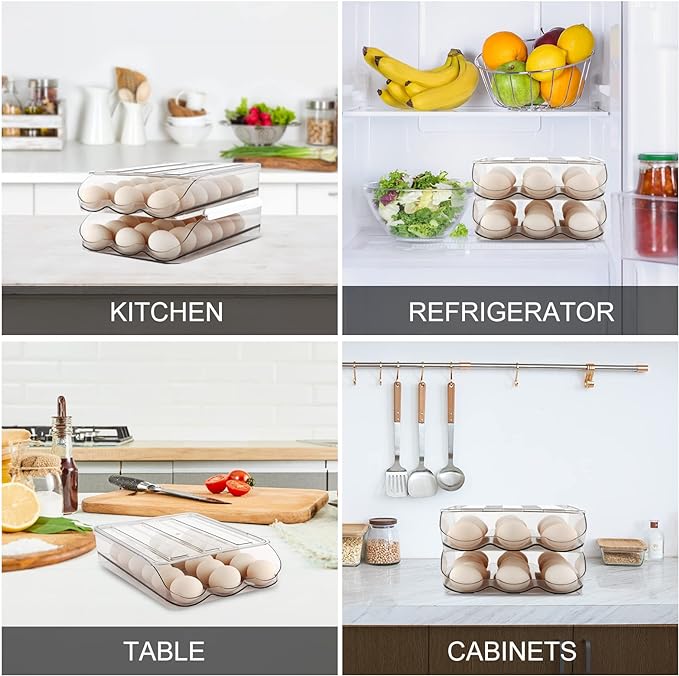 MesRosa Egg Holder for Fridge, Automatically Rolling Egg Storage Container for Refrigerator,Large Capacity Egg Organizer for Fridge with Lid,Clear Plastic Dispenser, Tray & Bin -1 Layer