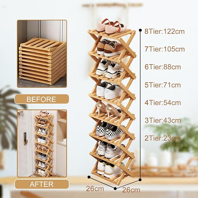 6 Tier Natural Bamboo Shoe Rack,Foldable Space Saving Shoe Storage Organizer,Easy Assembly & Strong Design Shoes Stand Shelf Organiser for Closet (Primary Color, Six Layers)