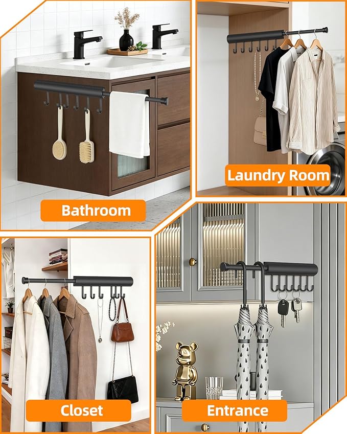 12 inch Valet Rod for Closets Pull Out, Closet Rods Extenders for Hanging Clothes Telescoping Adjustable With 6 Hooks (Black, 12 Inch-2 Pack)